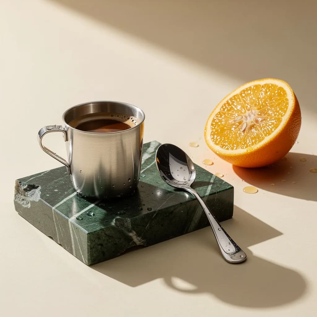 Yeşil mermer üzerinde metal espresso fincanı, krom kaşık ve portakal