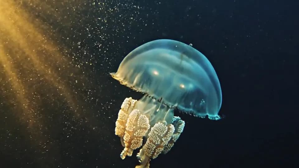 半透明水母在深藍海水中漂浮。